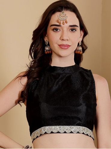 Frolic Rolic Embellished Mandarin Collar Lace-Detail Sleeveless Saree Blouse