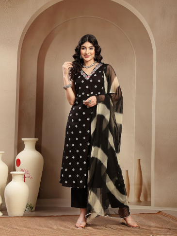 Stylum Women Floral Printed & Embroidered Rayon A-Line Kurta With Dupatta