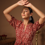 anayna Red Floral Ethnic A-Line Cotton Midi Ethnic Dress