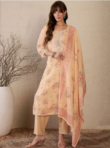 Indo Era Women Floral Printed Regular Thread Work Linen Kurta with Trousers & With Dupatta